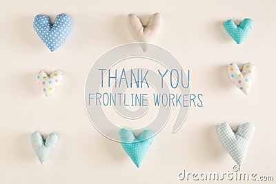 Thank You Frontline Workers message with blue heart cushions Stock Photo
