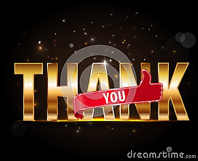 Thank you, golden typography with thumbs up sign Vector Illustration