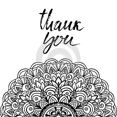 Thank You handwritten inscription. Mandala pattern. Hand drawn lettering. Vector Illustration