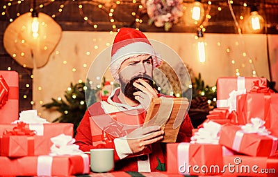 Thank you. happy new year. Xmas gifts. christmas gift delivery. winter shopping sales. Writing wish list. bearded man Stock Photo