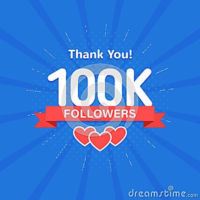 Thank you 100000 or 100k followers. Congratulation card. Web Social media concept. Blogger celebrates a many large Vector Illustration