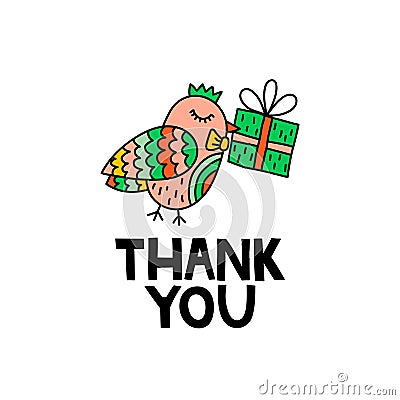 Thank you! Cute doodle bird with gift box Vector Illustration