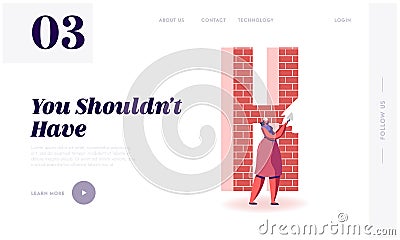 Thank You Lettering Spelling, Gratitude Website Landing Page. Woman Holding Trowel Putty Huge Letter H made of Red Brick Vector Illustration