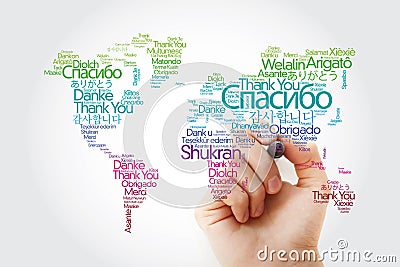 Thank You in many languages World Map in Typography word cloud with marker, multilingual for education or thanksgiving day Stock Photo