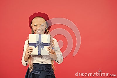 Thank you so much. Birthday wish list. Happy birthday concept. Girl kid hold birthday gift box. Every girl dream about Stock Photo