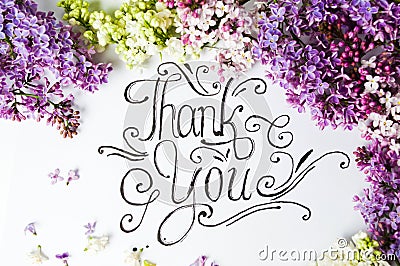 Thank you note with purple lilac flowers Stock Photo