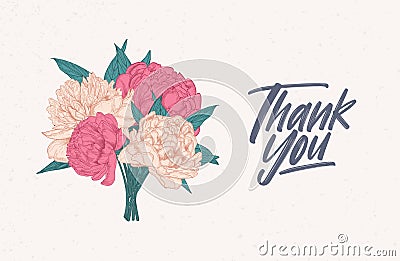 Thank You note template decorated with bouquet of gorgeous blooming peonies. Card or postcard with bunch of beautiful Vector Illustration