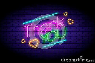 Thank you phrase and hearts on the wall in neon style. Vector Illustration