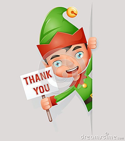 Thank you poster look out corner boy cute elf christmas santa claus helper cartoon character vector illustration Vector Illustration