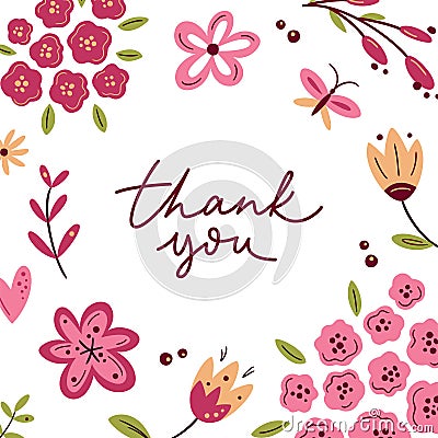 Thank you. Romantic greeting card with lettering and scandinavian flowers in light colours. Floral greeting cards, poster, social Vector Illustration
