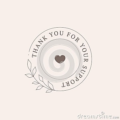 Thank you for support vintage card monochrome heart botanical branch line design template vector Vector Illustration