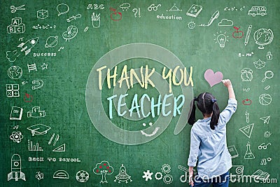 Thank You Teacher greeting for World teacher`s day concept with school student back view drawing doodle of of learning education Cartoon Illustration