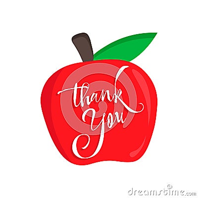 Thank you teacher vector card with an red apple. Happy Teacher`s Day calligraphy Stock Photo