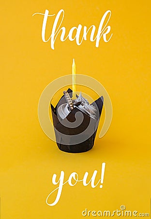 Thank you text greeting card. Chocolate cupcake with candle. Holiday Stock Photo