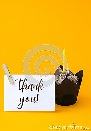 Thank you text greeting card. Chocolate cupcake with candle. Holiday Stock Photo