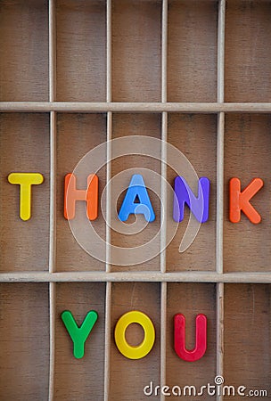Thank you text letters in a vintage letter case Stock Photo
