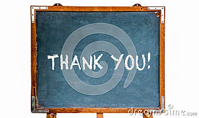 Thank you! text message in white chalk letters written on a school blue old grungy vintage wooden chalkboard or blackboard Stock Photo