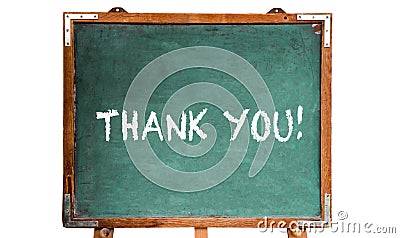 Thank you! text message in white chalk letters written on a school green old grungy vintage wooden chalkboard or blackboard frame Stock Photo