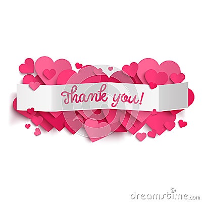 Thank you text on white paper banner and pink hearts Vector Illustration
