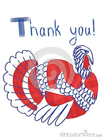 Thank you thanksgiving day card with simple stylized red and blue alife turkey bird. Cartoon Illustration