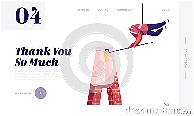 Thank You Typography Spelling Architecture, Design Website Landing Page. Worker with Roller Painting Huge Letter A Vector Illustration