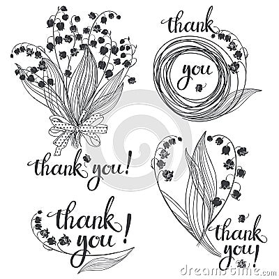 Thank you! Vector illustration with lilies of the valley and handmade calligraphy on white background. Four monochrome variations Vector Illustration