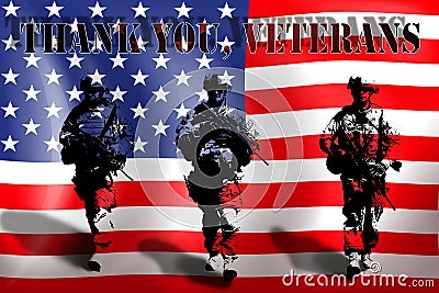 THANK YOU VETERANS on the background of the American flag with the soldiers Stock Photo