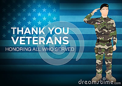 Thank you Veterans, Honoring all who served Background with Soldier Saluting. Modern Patriotic concept Stock Photo