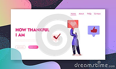 Thank You Website Landing Page. Young Woman Social Media Blogger, Subscriber or Follower Holding Huge Heart Icon Vector Illustration