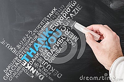 Thank you word cloud in multiple languages on chalkboard Stock Photo