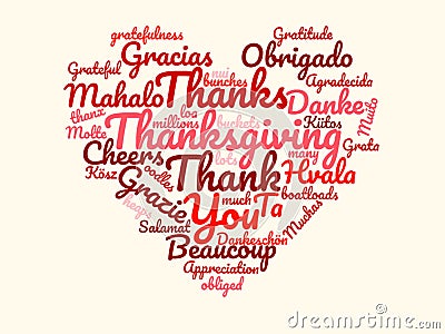 Graphic Heart Wordcloud for Thanksgiving or Valentine`s Day, thank you gift, gratitude, thanks, love Inspirational Icon or logo Stock Photo