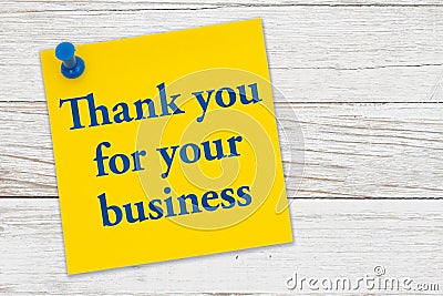 Thank you for your business message on a yellow sticky note paper with pushpin Stock Photo