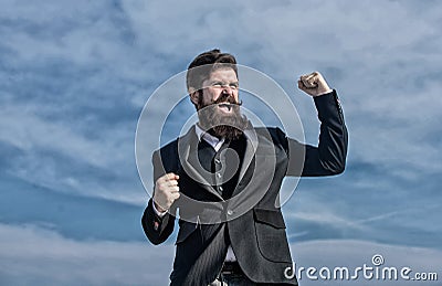 Thankful brutal caucasian hipster with moustache. Mature hipster with beard. Future success. Male formal fashion Stock Photo