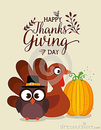 Thanks giving card with turkey and owl Vector Illustration