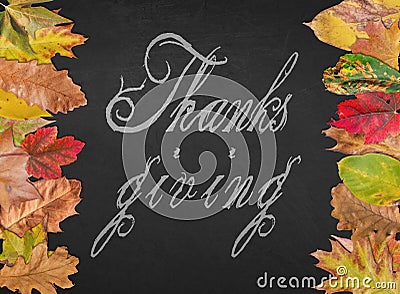 Thanks giving day quote like postcard banner with autumn leaves Stock Photo
