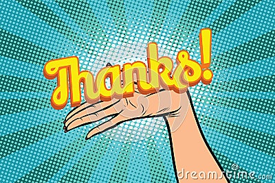 Thanks word. Women open palm hand hold gesture Vector Illustration