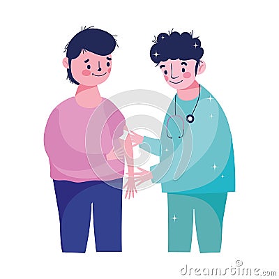 Thanks you doctors, boy patient with band aid in arm prevention Vector Illustration