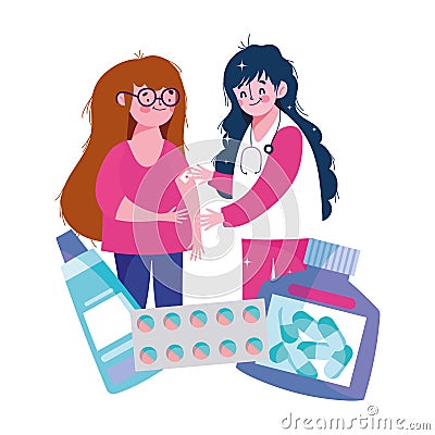 Thanks you doctors, female nurse and girl with band aid and prescription medication Vector Illustration
