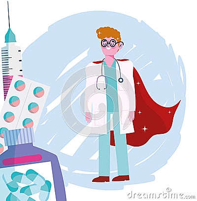 Thanks you doctors, male physician superhero with cape character prescription medicine Vector Illustration