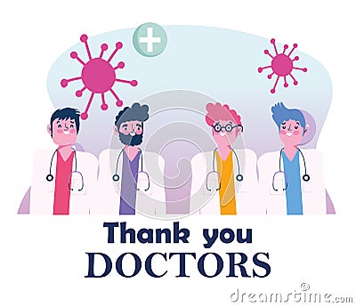 Thanks you doctors, male physicians specialists professional cartoon characters Vector Illustration