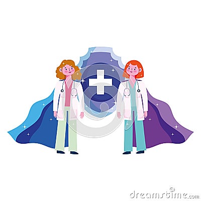 Thanks you doctors, physician women with superhero character Vector Illustration