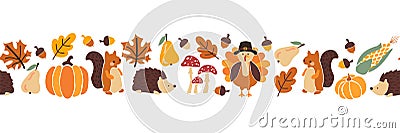 Thanksgiving animals kids vector border. Seamless pattern autumn leaves turkey corn pumpkin hedgehog, squirrel. Harvest Vector Illustration