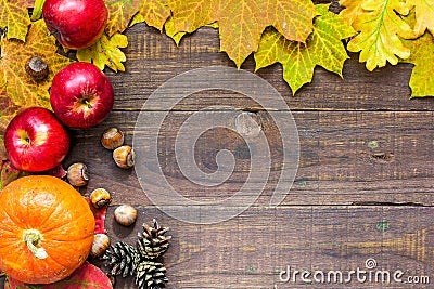 Thanksgiving autumn fall background with pumpkin, leaves, apples and nuts Stock Photo