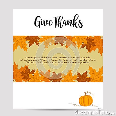 Thanksgiving autumn, fall background with yellow foliage and pumpkin Vector Illustration