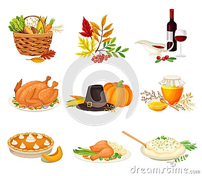 Thanksgiving Autumnal Holiday Composition with Agricultural Crops and Cooked Dishes Vector Set Vector Illustration