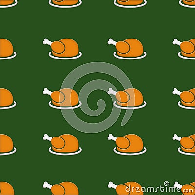 Thanksgiving autumnal seamless pattern with roasted turkeys on a plate, green background Stock Photo