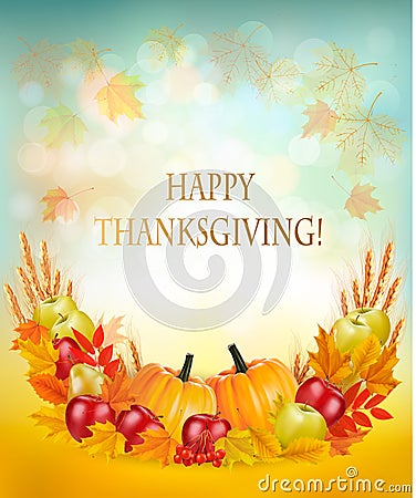 Thanksgiving background with autumn fruit and leaves. Vector Illustration