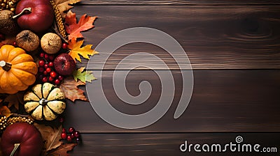 Thanksgiving background with copy space for text, top view on wood background, AI generated, generative AI Stock Photo