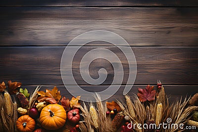 Thanksgiving background with copy space for text, top view on wood background, AI generated, generative AI Stock Photo