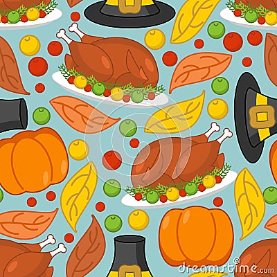 Thanksgiving background. Roasted turkey and fresh pumpkin. Pilgrim hat and autumn leaves. Traditional festive ornament. Texture H Vector Illustration